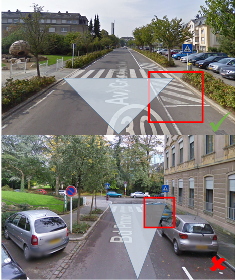 Illustration of different field of visions of pedestrian crossings in Luxembourg-City